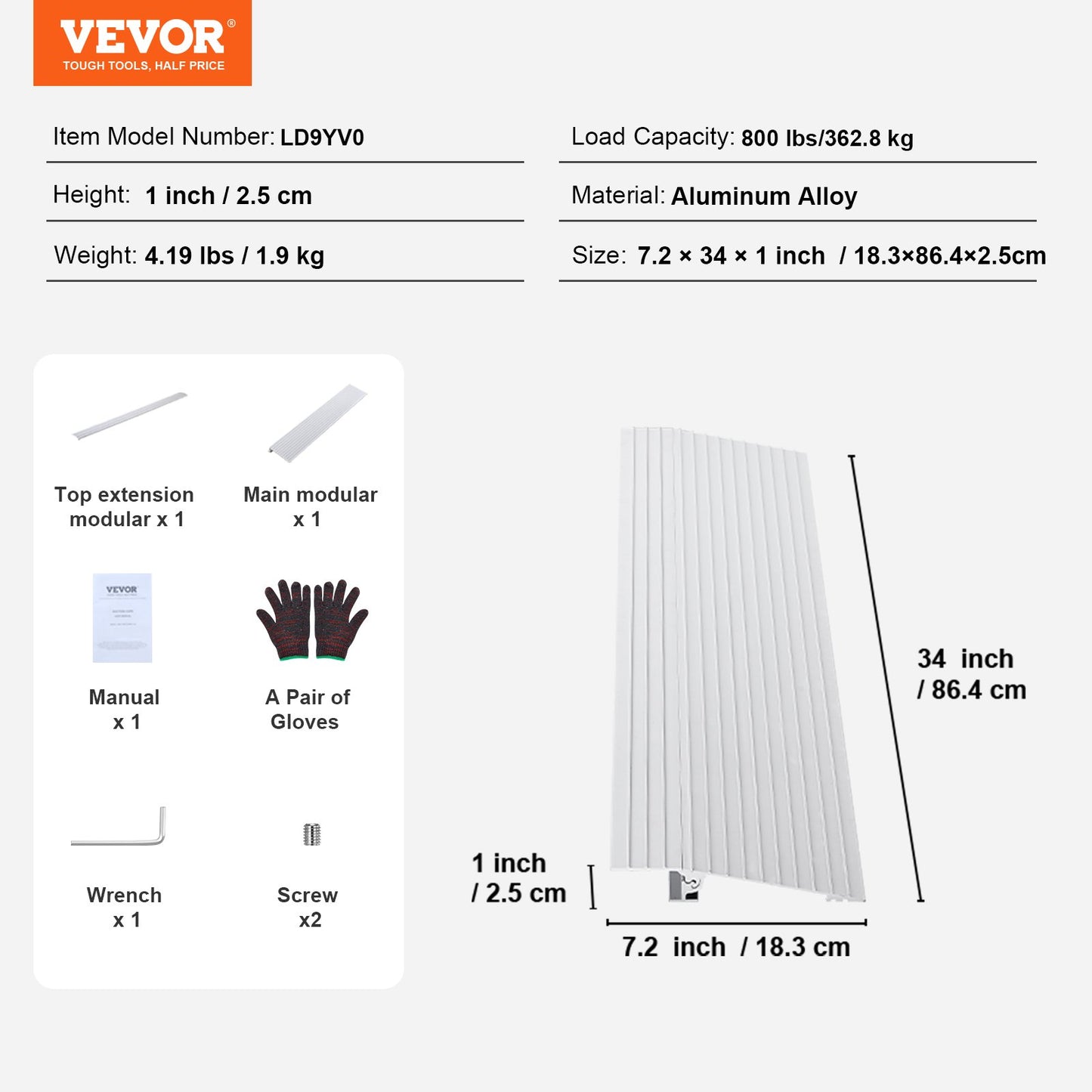 VEVOR Door Threshold Ramp, 1" Rise, 800 lbs Load Capacity