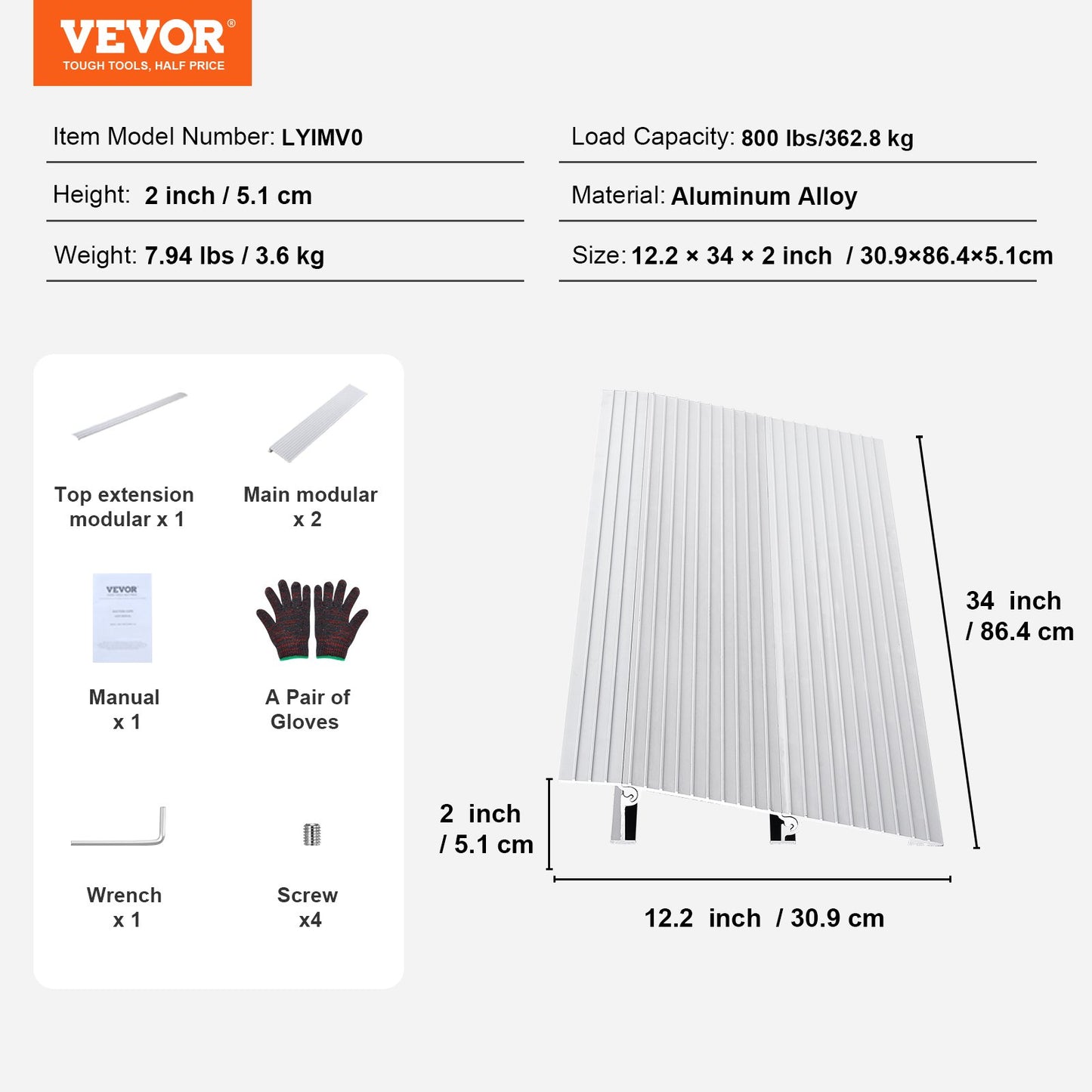 VEVOR Door Threshold Ramp, 2" Rise, 800 lbs Load Capacity